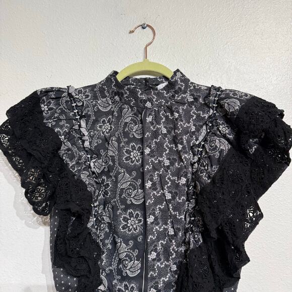 Hunter Bell NYC Black Gray Floral Stripe Eliza Ruffle Lace Top Sz 0 - Picture 3 of 11